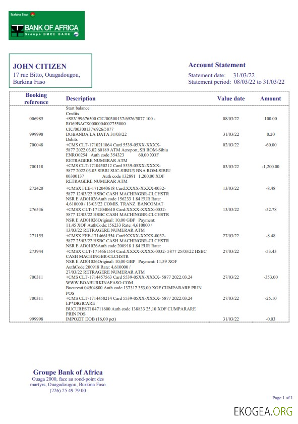 Modèle de relevé bancaire de la Bank of Africa du Burkina Faso, format Word et PDF